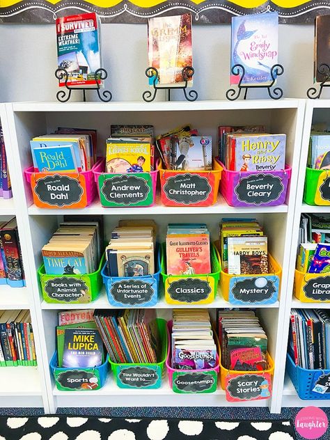 Colorful classroom library organization ideas from Lessons with Laughter Classroom Library Organization, Kids Book Storage, School Library Design, School Library Displays, Book Bins, Class Library, Library Organization, Elementary Library, Classroom Organisation