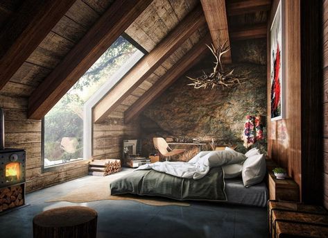 Reka Bentuk Bilik Tidur, Design Ložnic, Interior Design Per La Casa, Farmhouse Master, Attic Rooms, Attic Bedroom, Rustic Bedroom, Style At Home, Cabins In The Woods