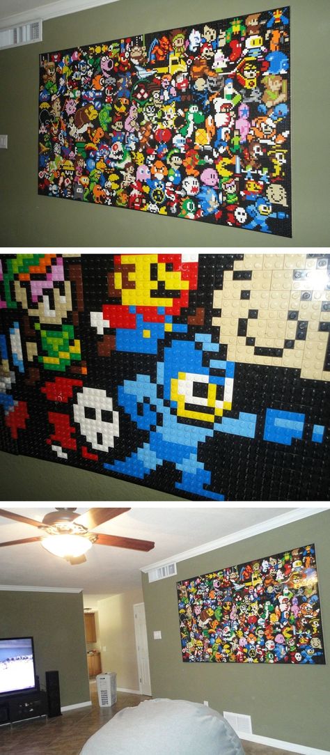 Gamer Room Diy, Lego Wall Art, Geek Cave, Lego Hacks, Geek House, Lego Mosaic, Lego Wall, Lego Photo, Lego Pictures