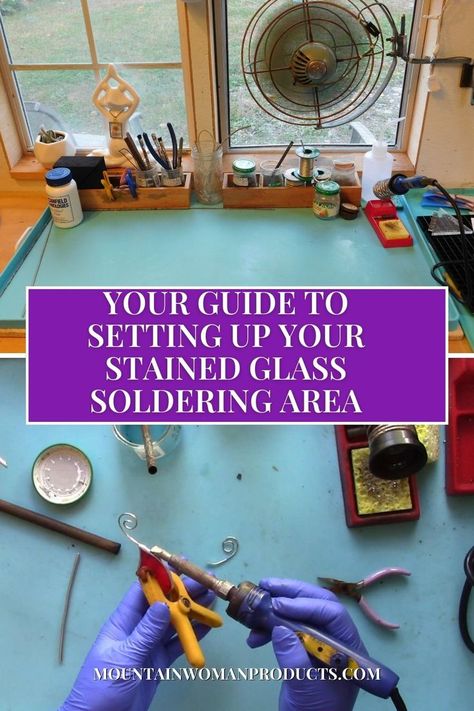 solder and stained glass soldering area mountain woman products Stained Glass Soldering, Glass Soldering, Soldering Tutorial, Mountain Woman, Stained Glass Supplies, Glass Fusion Ideas, Soldering Station, Stained Glass Decor, How To Set Up