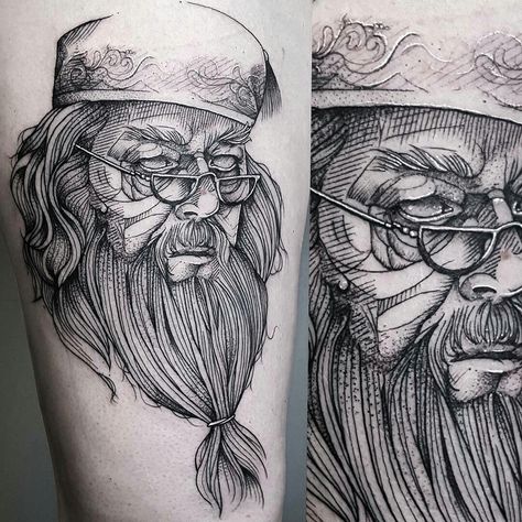 Dumbledore Tattoo, Gandalf Tattoo, Wizard Tattoo, Crazy Tattoos, Harry Potter Tattoos, Harry Potter Tattoo, Plant Tattoo, Weird Tattoos, Black Work