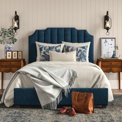 Blue Upholstered Bed, Blue Velvet Headboard, Traditional Southern Home, Blue Headboard, Patterned Duvet, Standard Bed, Upholstered Panel Bed, Upholstered Panels, Bedroom Headboard