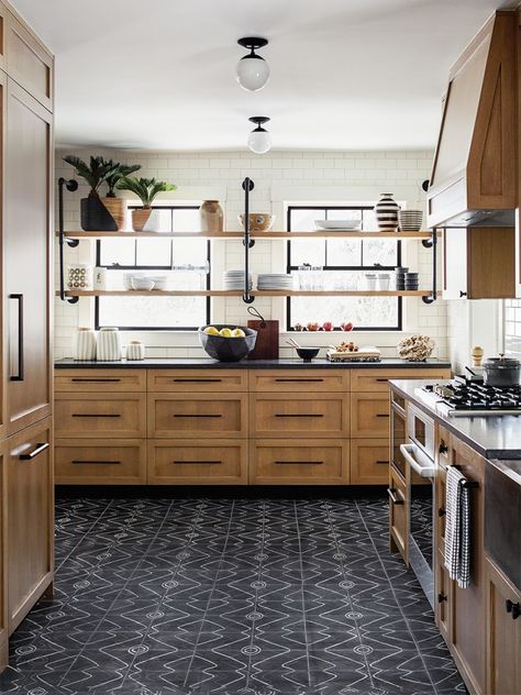 Dark Floor Light Cabinets, Kitchen Dark Floor, Neutral Kitchen Designs, Light Cabinets, Kitchen Open Shelves, Kitchen Dark, Farmhouse Kitchen Inspiration, White Modern Farmhouse, Kitchen Windows