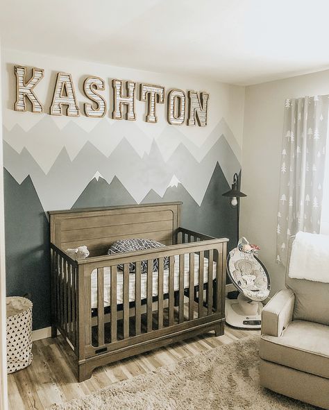 Mountain Nursery Theme, Outdoors Themed Nursery, Baby Room Boy, Baby Boy Nursery Woodland, Woodland Nursery Boy, Boy Nursery Themes, Outdoor Nursery, Baby Nursery Inspiration, Baby Boy Nursery Themes