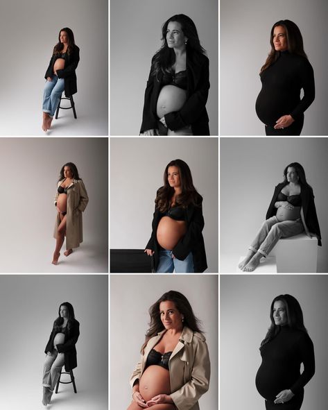 Unsure about what you would wear for your maternity session? You don’t have to get out of your comfort zone if you don’t feel like it! For a lot of women the photoshoot itself is daunting enough!! Sometimes simplicity is the best choice. I always love jeans and a blazer. 🖤 All of these items are in my client wardrobe! I’ve built it in such a way that my clients don’t need to buy anything for their maternity photoshoot if they don’t want to, leave it to me 😘 Swipe for what can be achieved i... Maternity Photoshoot With Blazer, Black Blazer Maternity Photoshoot, Blazer Maternity Photoshoot, Maternity Shoot Leather Jacket, White Button Up Maternity Shoot, Maternity Studio Photoshoot, Maternity Studio, Maternity Photoshoot Outfits, Maternity Dresses For Photoshoot