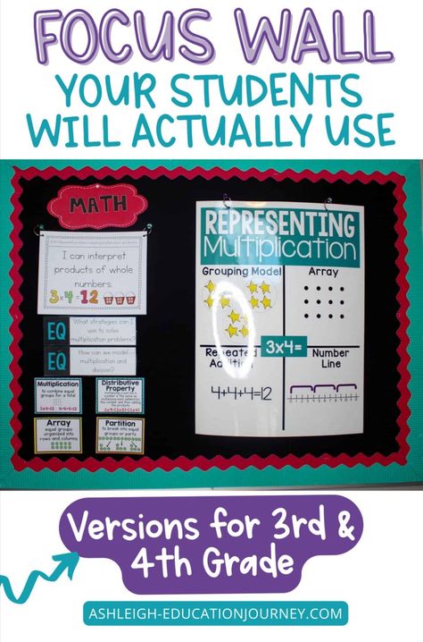 I know that many teachers, myself included, are required to post standards or daily objectives. I like to post my standards, as well as essential questions, and vocabulary together to create a focus wall of classroom instruction. Check out this blog post for ideas for your 3rd and 4th grade focus wall including posters for vocabulary, standards, essential questions, and anchor charts!

Go to www.ashleigh-educationjourney.com for more fun and engaging education resources! Math Focus Walls, Multiplication Problems, My Standards, Classroom Procedures, Focus Wall, I Can Statements, Word Wall Cards, Essential Questions, Math Workshop