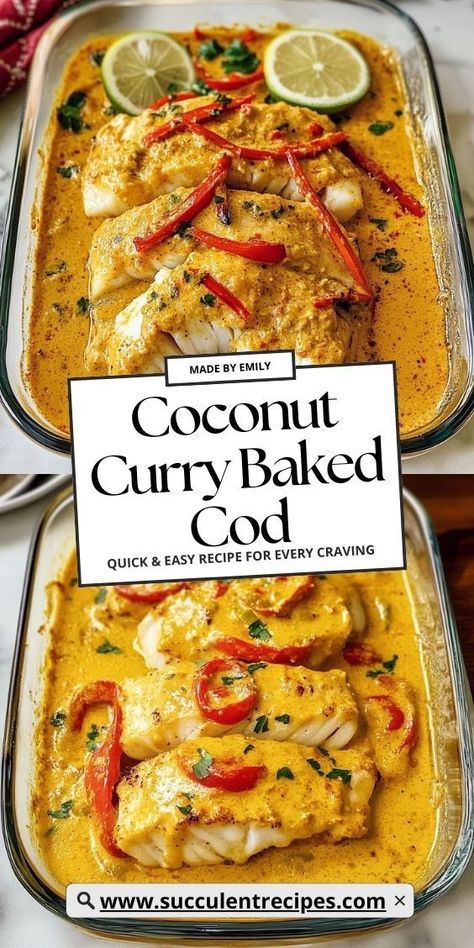 This Coconut Curry Baked Cod is a unique and delicious holiday dish. The coconut and curry flavors pair beautifully with the flaky cod, making it the perfect festive seafood dish for Christmas. Cod Recipes Healthy, Fish Dishes Recipes, Creamy Coconut Curry, Cod Dishes, Baked Cod Recipes, Cod Fish Recipes, Fish Recipes Baked, Coconut Curry Sauce, Seafood Entrees