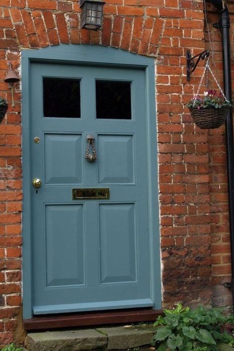 Beautiful Blue Gray (Farrow & Ball) paint color on front door of charming vintage European home with red brick - Verf Behang Marco van den Berg. #farrowandballbluegray #graypaintcolors #bluegray #paintcolors Grey Front Door, Dix Blue, Farmhouse Bookshelf, Family Room Wall Decor, Grey Front Doors, Family Room Rug, Oval Room Blue, Blue Front Door, Farmhouse Patio