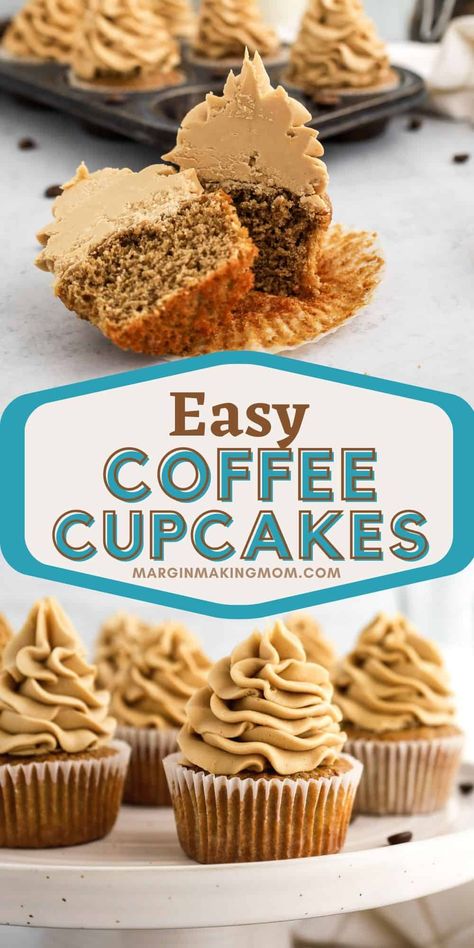 Learn how to make coffee cupcakes at home! These beautiful and delicious cupcakes have coffee in the batter as well as the buttercream frosting, making them a decadent treat any coffee lover will adore! Coffee Cup Cupcakes, Coffee Cupcakes Recipe, Coffee Cupcakes With Box Cake, Cupcake Recipes Uk, Coffee Cupcake, Espresso Cupcakes, Coffee Buttercream, Coffee Cupcakes, Cupcake Mix