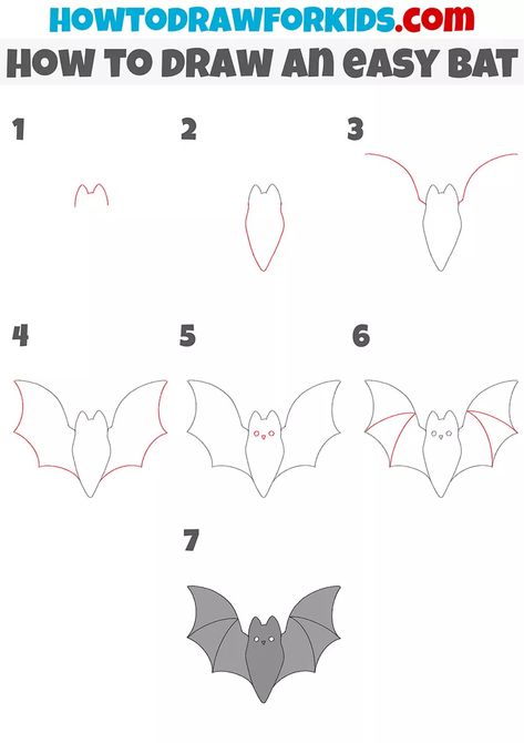 Bats Painting Easy, Bat Drawings Easy, Bat Drawing Tutorial, Bat Pictures Drawing, How To Draw Bats Easy, Bat Sketch Simple, How To Draw A Vampire, How To Draw Bats, How To Draw A Bat