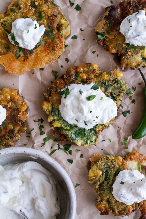 Spinach and Artichoke Corn Fritters with Brie and Sweet Honey Jalapeño Cream | halfbakedharvest.com Corn Fritters, Appetizer Bites, Half Baked, Half Baked Harvest, Spinach Artichoke, Super Bowl Food, Quesadillas, Coconut Cream, Coconut Water