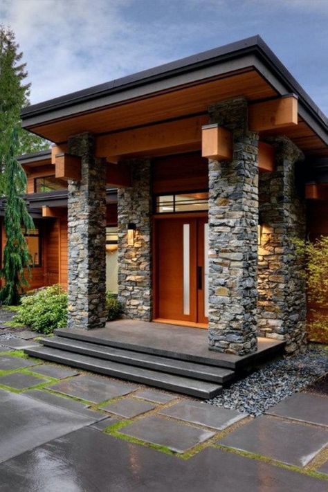 Modern Entrance Door, Exterior House Remodel, Prairie Style Houses, Modern Entrance, Stone Pillars, Entrance Door Design, Front Door Design, House Front Design, Dream House Exterior