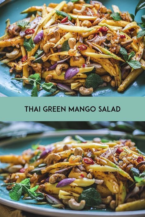 Thai green mango salad with cashew is a flavorful and light summer salad using unripped mangoes, fresh herbs, fish sauce, sugar, dried shrimp, and toasted cashew nuts! It's full of bold flavors of sour, sweet, salty, and umami, and the slight crunch of the crispy mangoes make this salad a very delicious recipe! #Thaigreenmangosaladwithcashew #recipeforthaimangosalad #greenmangosaladrecipe #authenticthaimangosaladrecipe #thaimangosalad Green Mango Recipes, Mango Coconut Sticky Rice, Light Summer Salad, Thai Beef Salad Recipe, Vietnamese Spring Rolls Recipe, Thai Mango Salad, Sago Recipes, Green Mango Salad, Glass Noodle Salad