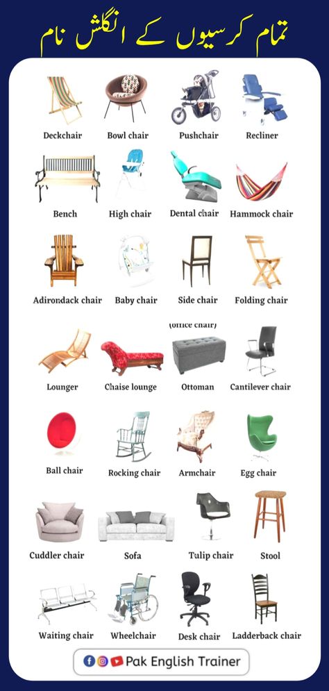 All kind of chairs and their names in English - names of all types of chairs in English - English Vocabulary Words to speak english everyday - Spoken English - daily life - Vocabs course in English - daily use English Vocabs in English Types Of Chairs Names, Bedroom Recliner, Types Of Chairs, English Everyday, English Names, English Sentences, Speak English, English Vocabulary Words, Speaking English