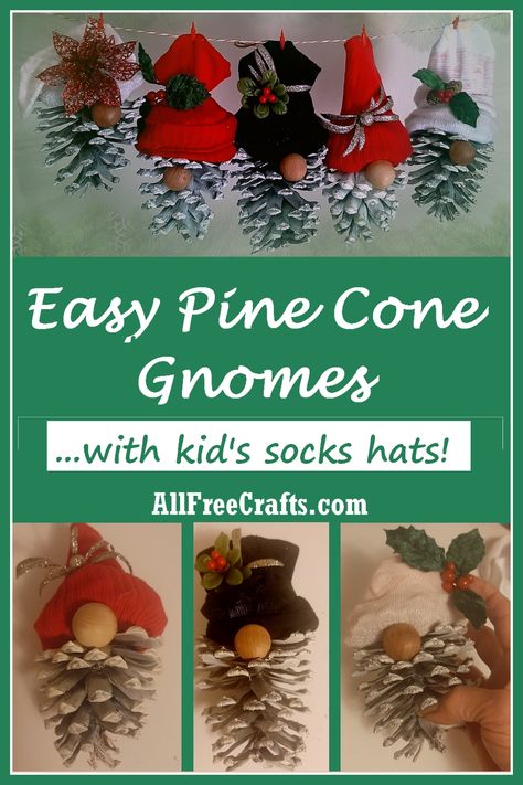 How to Make Pine Cone and Sock Hat Gnomes for Christmas - All Free Crafts Pine Cone Gnomes Diy, Gnome Hats Diy, How To Make A Gnome Hat, Gnome Hats Diy Free Pattern, Pine Cone Gnomes, Gnome Hat Pattern, Cone Gnomes, Gnomes For Christmas, Crochet Gnomes Pattern Free