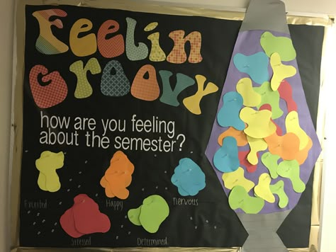 70s themed RA bulletin board Bulletin Board Ideas Back To School College, 70s Ra Bulletin Board, Ra Bulletin Board Themes, 70s Theme Bulletin Board, Ra Door Sign, Wellness Ra Board, Bulletin Board Ideas Special Education, Back To College Bulletin Boards, Back To School Ra Bulletin Boards