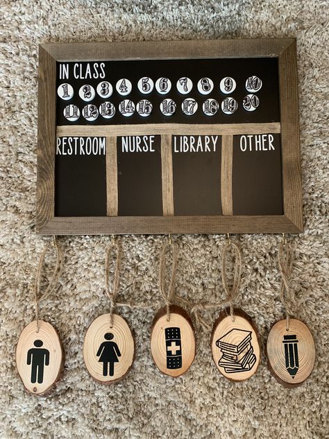 Classroom hall pass and “Who’s out” board. Middle School Hall Pass Ideas, Hallway Pass Ideas, Hall Pass Ideas Elementary, Hall Pass Ideas, Male Teacher Classroom Decor, Diy Hall Passes Classroom, Bathroom Pass Kindergarten, Restroom Passes For Classroom, Hall Passes Middle School