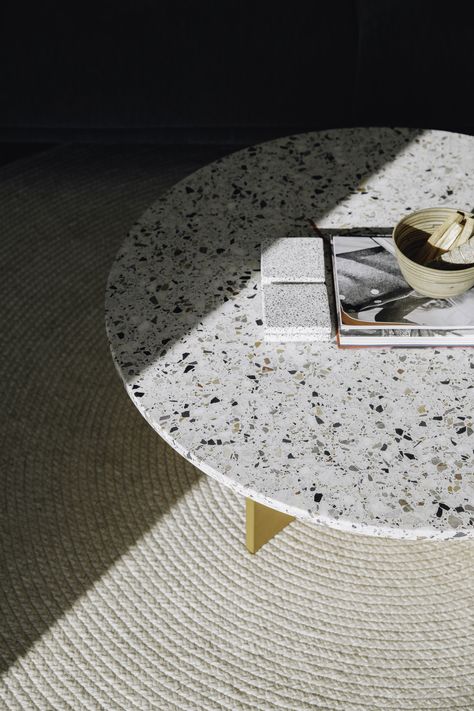 Round Terrazzo Coffee Table, Terrazzo Inspiration, Terrazzo Countertop, Terrazzo Furniture, Terrazzo Coffee Table, Terrazzo Table, Holiday Furniture, Concrete Furniture, California Design