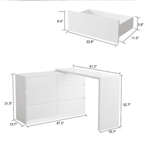 32.7"H Rotating Dresser and Desk 6 Drawer Dresser Makeup Vanity White - Bed Bath & Beyond - 36484673 Dresser Vanity Bedroom Minimalist, Ikea Dresser And Desk Combo, Vanity Dresser Ideas, Desk And Vanity In One, Dresser And Desk Combo, Makeup Desk Ideas, Desk Dresser Combo, Dresser And Desk, Desk And Dresser