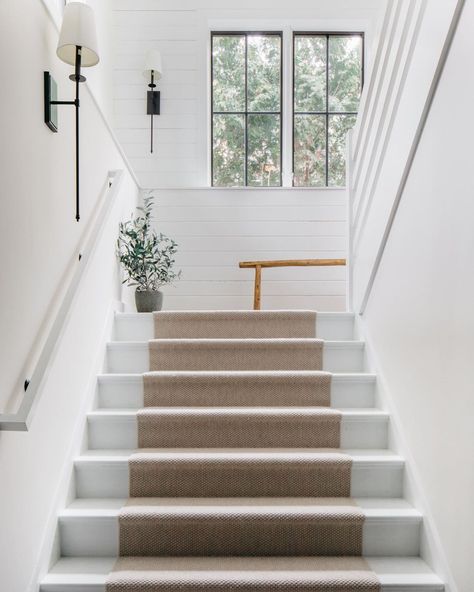 Elizabeth & Scott Mathieson (@mhousedevelopment) • Instagram photos and videos Wall Above Stairs Decor, Above Stairs Decor, Staircase Wall Lighting, Staircase Lighting Ideas, Farmhouse Staircase, Stairs Lighting, White Staircase, House Lighting Fixtures, Stairway Lighting