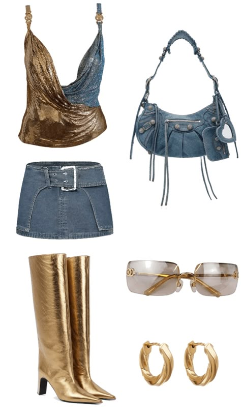 Gold And Blue Outfit, Y2k Denim Outfit, Coachella Inspired Outfits, Gold Outfit, Coachella Outfit, Outfit Layout, 2000s Fashion Outfits, Y2k Fashion, 2000s Fashion