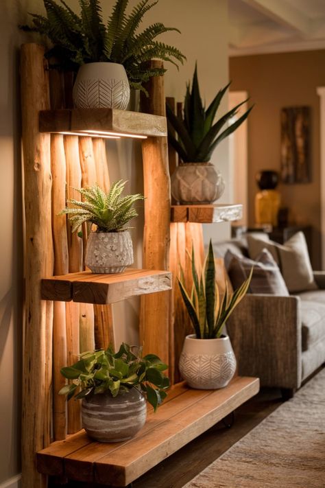 Bring warmth to your living space with a rustic indoor plant shelf. Crafted from natural wood and adorned with lush greenery, decorative planters, and accent lighting, it creates a cozy, eco-friendly vibe. #RusticPlantShelf #IndoorGreenery #NaturalHomeDecor #RusticHomeStyle #EcoFriendlyLiving #CozyPlantDecor #WoodenShelvesDesign #RusticVibes #IndoorPlantIdeas #WarmLivingSpace Plant Shelf Small Space, Plants Around Tv, How To Display Plants Indoors, Plant Wall Shelf Ideas, Wood And Plants, Indoor Plant Shelf, Plants Shelf, Wood Succulent Planter, Indoor Plant Shelves