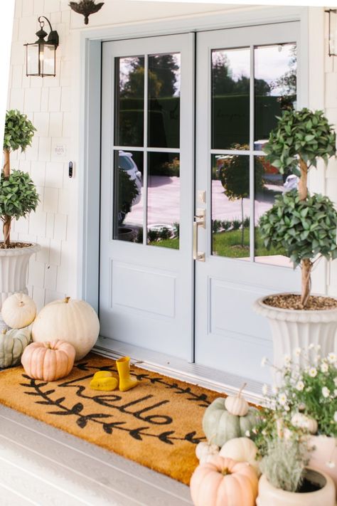 Jillian Harris 5 Ways to Cozy Up Your Home for Fall Pumpkin Front Porch, Pastel Pumpkins, Fall Front Door Decor, Cozy Up Your Home, Jillian Harris, Fall Front Porch Decor, Fall Front Door, Topiary Trees, Front Porch Decor