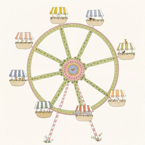 Spring Saturdays are for endless rides in the Ferris wheel. How many animals can you spot? 🐶 🐱 🦢 🐘 Country Fair Aesthetic, Amusement Park Drawing, Exam Background, Fair Drawings, Ferris Wheel Illustration, Ferris Wheel Drawing, Ferris Wheel Painting, Ferris Wheel Aesthetic, Wheel Illustration