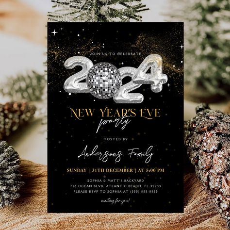 Disco Ball Invitation, Ball Invitation, Silver Disco Ball, Nye Celebration, Black White Parties, New Year's Eve Party, Nye Party, Black Invitation, Holiday Party Invitations