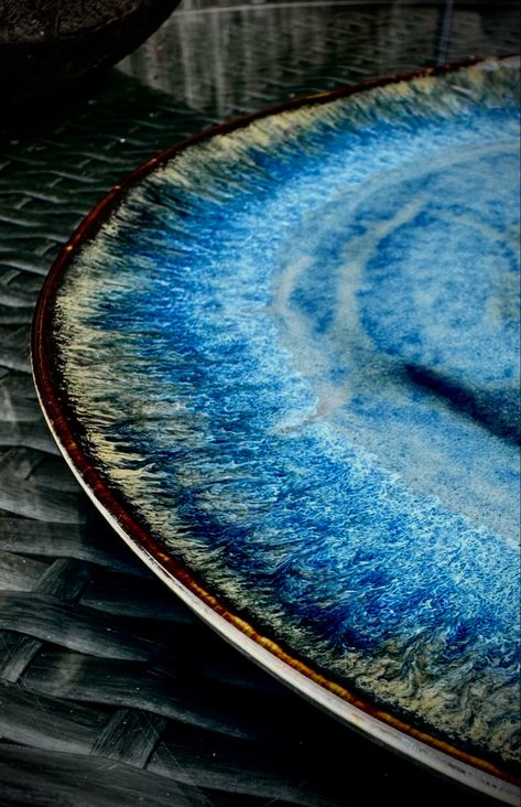 This is a large (11”) dinner plate from a new line I’m creating, just in time for Thanksgiving. Glazed with Amaco’s Sapphire Float x2 as base with 1x Blue Ritile over snd Ancient Jasper and a touch of Light Flux on the rim. Ceramic Bowls And Plates, Platter Glaze Ideas, Sapphire Float Glaze Combos, Amaco Sapphire Float Glaze Combinations, Amaco Glaze Combinations On Plates, Plate Glazing Ideas, Sapphire Float Glaze, Amaco Potters Choice Glaze Combinations, Glaze Combinations For Pottery