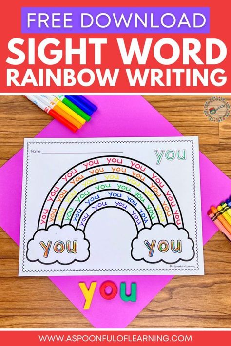 Writing the word "you" in multiple colors on a rainbow Sight Word Rainbow, Farm Kindergarten Activities, Sight Word Practice Kindergarten, Sight Word Centers, Writing Sight Words, Ela Centers, About Rainbow, Alphabet Letter Crafts, Rainbow Words