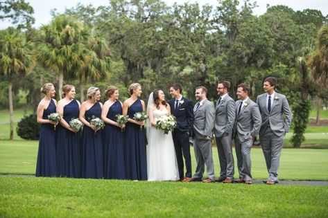 Lakeside Mission Inn Resort Wedding - Alyse and David | See more wedding inspiration at orangeblossombride.com! #navyandgreywedding #weddingpartyattire #weddingcolorpaletteideas Navy Groom Grey Groomsmen, Navy And Grey Wedding, Grey Groomsmen Suits, Bridesmaid Dresses Grey, Grey Groomsmen, Groomsmen Colours, Navy Blue Groom, Navy Blue Wedding Cakes, Royal Blue Wedding Theme