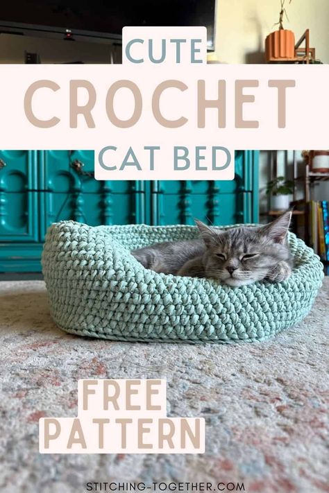 Get ready to make an easy crochet cat bed for your favorite feline friend. With simple stitches and construction, you'll have a cozy cat bed in no time. Of course it can be used for little dogs too. Grab your hooks and head to the free pattern to get started. Crochet Cat Toys Free Pattern Easy, Crochet For Cats, Diy Crochet Cat Bed, Cat Bed Pattern, Crochet Bed, Crochet Cat Bed, Crochet Pet, Crochet Cat Toys, Cat Garden