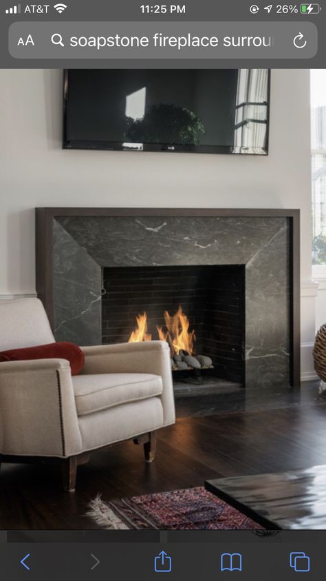 Corner Fireplace Makeover, Black Fireplace Surround, Reface Fireplace, Granite Fireplace, Stone Mantel, Black Fireplace, Tile Remodel, Diy House Renovations, Powder Room Design