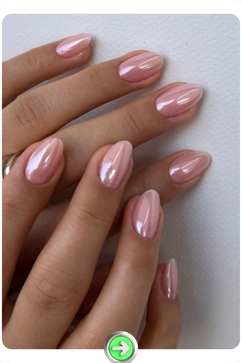 Soft pink almond nude chrome nails with a glossy finish; perfect for a subtle yet chic look, ideal for everyday wear and special occasions alike. Almond Chrome Extension Nails, Almond Glazed Nails, Soft Pink Wedding Nails, Cute Pink Chrome Nails, Coral Pink Chrome Nails, Nails To Match Light Pink Dress, Chrome Blush Nails, Pink Nude Chrome Nails, Milky Pink Almond Nails Chrome