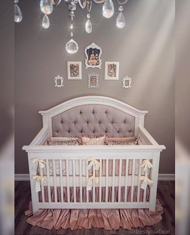 Gorgeous one of a kind custom tufted convertible crib with rhinestones. G.L.A.M. Crib Headboard, Tufted Crib, Diy Room Decor For Girls, Green Baby Room, Baby Nursery Diy, White Crib, Baby Room Neutral