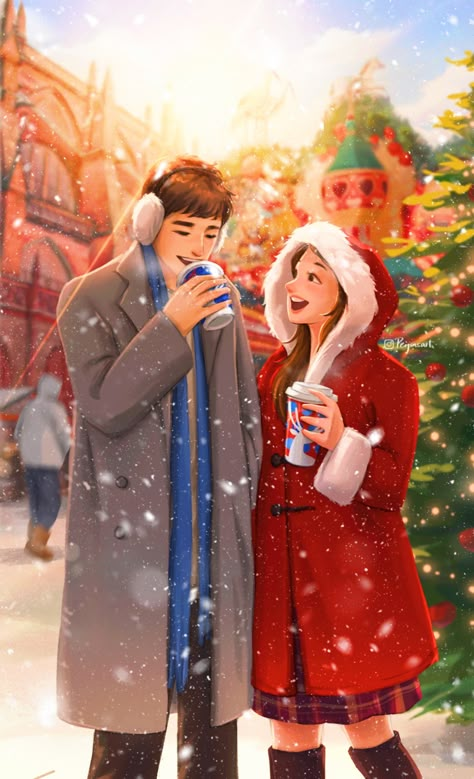 ArtStation - Commercial Illustrations for Luckin Coffee - 7 Peijin Yang, Glasses Art, Twin Flame Art, Flame Art, Cute Christmas Wallpaper, Romance Art, Cute Couple Drawings, Couple Illustration, Happy Girl