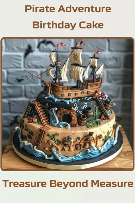 Sail the Seven Seas with This Ultimate Pirate-Themed Birthday Cake Shipwreck Cake, Treasure Map Cake, Pirate Ship Cake, Pirate Birthday Cake, Pirate Ship Cakes, Ship Cake, Island Cake, Pirate Themed Birthday, Pirate Cake