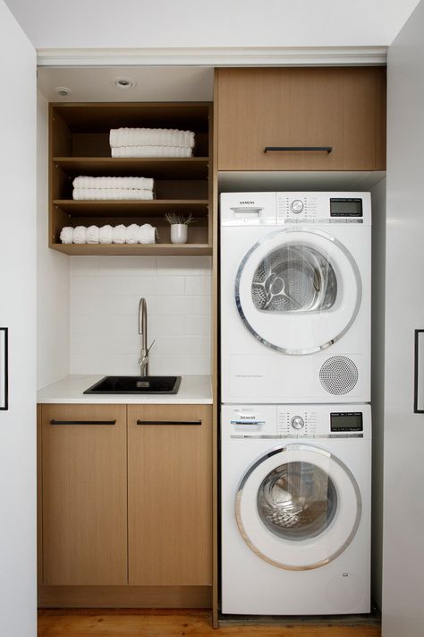 Small Laundry Room Storage, Laundry Room Stackable, Washer Dryer Laundry Room, Laundry Room Storage Solutions, Laundry Room Storage Ideas, Small Utility Room, Room Storage Ideas, Laundry Room Hacks, Stacked Laundry Room