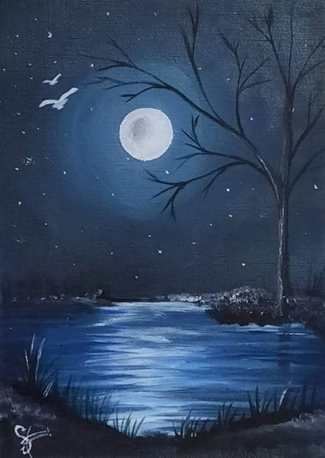 Night Scene Painting, Scenery Night, Painting Idea For Beginners, Painting Moonlight, Human Painting, Easy Landscape Paintings, Monochromatic Art, Moonlight Painting, Dance Paintings