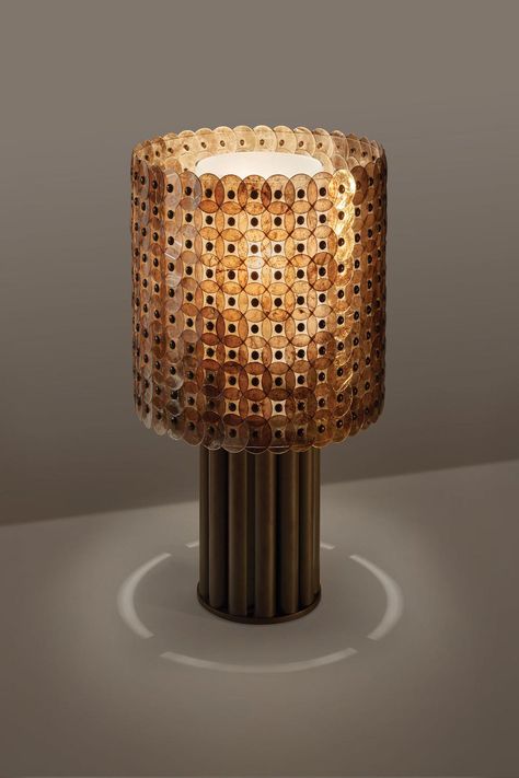 Shade of die cut mica discs & copper rivets, on a base of copper pipes, with an etched Lucite diffuser & steel hardware. Dennis Miller, Lamp Inspiration, Barrel Table, Copper Hardware, Deco Luminaire, Luminaire Design, Lamp Shades, Table Lamp Lighting, Lampshades