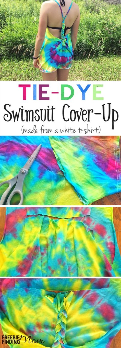 Have a white t-shirt? Perfect! Then you can easily transform it into a Tie-Dye DIY Swimsuit Cover-Up. Here’s a step-by-step tutorial to learn to tie-dye a boring white t-shirt then create a cool cover-up for the pool or beach. Diy Cover Ups For Beach, Diy Bathing Suit, Diy Swimsuit, Tie Dye Swimsuit, Diy Summer Clothes, Tie Dye Crafts, Bathing Suit Cover Up, How To Tie Dye, Bathing Suit Covers