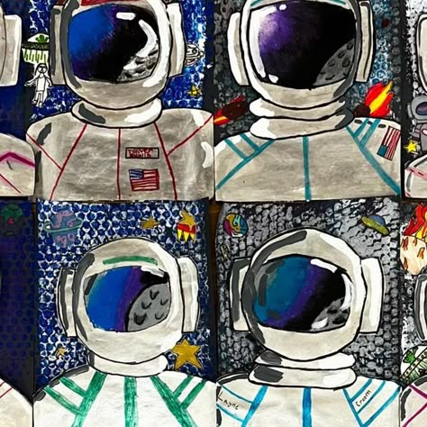 Mrs. Beth Dreyer on Instagram: "5th grade mixed-media ASTRONAUTS 🧑‍🚀🌖🪐 . 5th graders finished up these mixed media astronauts this week and they look (inter)stellar! From bubble wrap printed background, oil pastel blending, collage details, and a mixture of marker, paint and paint sticks on the astronaut, these artists truly got to experience the full realm of mixed-media. Plus, making our astronauts slightly raised off the page using cardboard really helps with the dimensions of the work. So proud of them! . . . #art #arted #arteducator #arteducation #arteducationmatters #artteachersofinstagram #artteacher #iteachart #5thgradeart #artclassroom #artclass #artroom #elementary #elementaryart #elementaryartteacher #elementaryartclass #elementaryartroom #elementaryartclassroom #elementarya Kindergarten Space Art Projects, Outer Space Art Lessons Elementary, Space Art Elementary, Outer Space Art Projects, Space Art Projects For Kids, Oil Pastel Blending, Inter Stellar, 5th Grade Art Projects, Glow Gallery