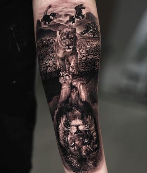 Animal Arm Tattoo Men, Men’s Animal Tattoo Ideas, Lion Reflection Tattoo, Safari Tattoo Ideas, Lion Tattoo Design Forearm, Animal Tattoos For Men Forearm, Animal Forearm Tattoo, Lion Tattoo Forearm, Jungle Tattoo Sleeve