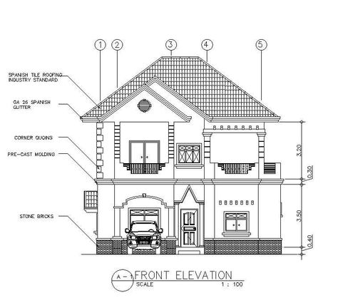 Front elevation and section details of the G+1 house AutoCAD DWG drawing file is provided. Download the AutoCAD 2D DWG file. - Cadbull Elevation Designs For House Drawing, Autocad Elevation Drawings, Elevation Plan Architecture, Plan Elevation Section Of House, Front Elevation Drawing, Front Elevation Designs Modern, Section Architecture, Section Elevation, Beautiful Scenery Drawing