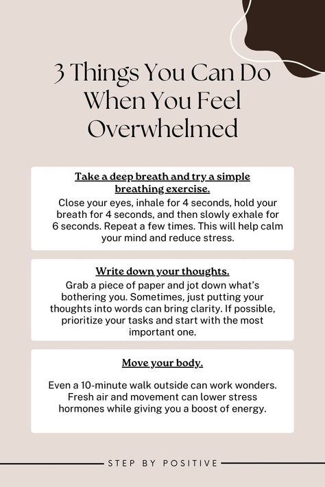 Feeling overwhelmed? Try these 3 simple techniques to calm your mind and regain focus! 🌿 Deep breathing, writing down your thoughts, and a little movement can work wonders. Discover how these tips can help you feel better in just 10 minutes! How To Calm Down When Stressed, How To Calm Down, Deep Breathing, Calm Your Mind, Todo List, Move Your Body, Breathing Exercises, Take A Deep Breath, Calm Down