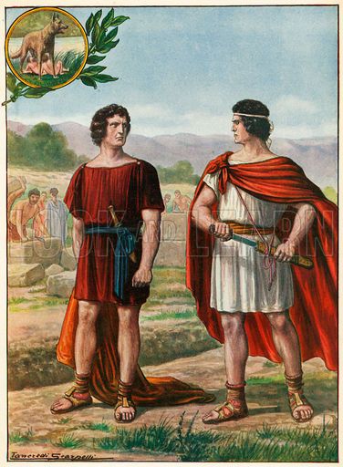 A painting of Romulus and Remus as adults and near the end of the foundation myth, as Romulus begins to draw his sword to strike down his brother in order to become the ruler of Rome. Greek Stories, Roman Kings, Romulus And Remus, Italy History, Greek Pantheon, Roman Gods, Rome Antique, Terra Nova, History Images