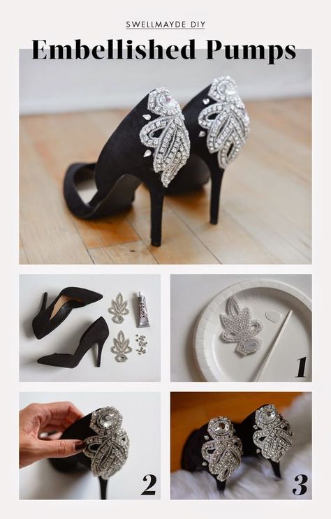 HOLIDAY DIY | EMBELLISHED PUMPS (via Bloglovin.com ) Creative Mending, Upcycle Shoes, Diy Heels, Shoe Refashion, Shoe Makeover, Shoes Hack, Shoe Crafts, Embellished Shoes, Embellished Heels