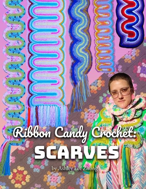 Learn to wiggle, squiggle, undulate and snake! Ribbon Candy Crochet is my new method of working rows of double crochet into ribbons of color. These 5 original scarf patterns will teach you everything you need to know about the technique so you can create your own wiggly WIPS.  Level: Intermediate or Ambitious Beginner. To complete this project you must be able to to read a chart or a pattern, maintain even tension, and stitch confidently into starting chains. I think you will find the varying te Ribbon Candy, Scarf Patterns, Crochet Shawls, Crochet Diy, Diy Crochet Projects, Yarn Projects, Scarf Pattern, Crochet Scarves, Crochet Accessories