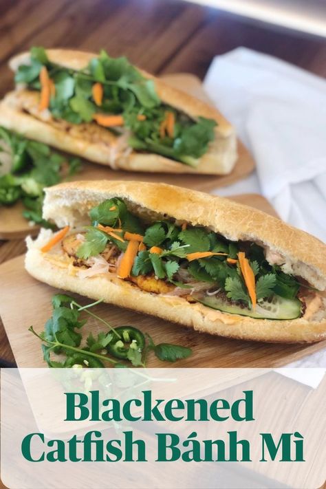 I’ve written about the Bánh Mì sandwich before but it’s hard to convey with simple words just how perfect everything goes together on this sandwich. We tell you how to make a Bánh Mì with a Southern twist using blackened catfish. Check it out and other great recipes on PontchartrainKitchen.com #catfish #banhmi #BánhMì #sandwich #sandwichidea #recipe #sandwichrecipe Catfish Sandwich, Grilled Catfish, Blackened Catfish, Banh Mi Sandwich, Sandwich Ideas, Banh Mi, Everything Goes, Simple Words, Sandwich Recipes